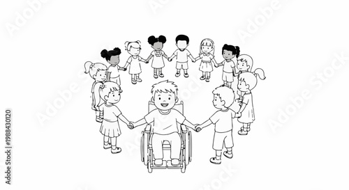 Diverse children holding hands in a circle around a boy in a wheelchair