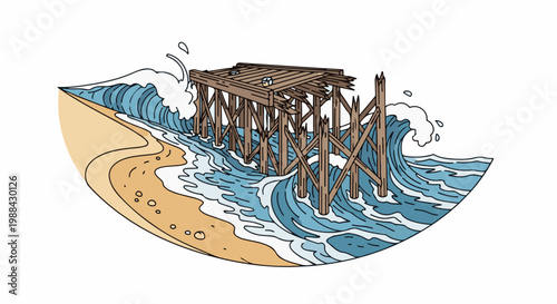 Dilapidated wooden pier succumbs to stormy ocean waves crashing ashore