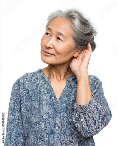 Thoughtful woman touching her ear, wearing a blue patterned blouse, with gray hair, looking introspective against white background.