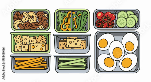 Nine food containers with assorted ingredients nuts, cheese, vegetables, and eggs