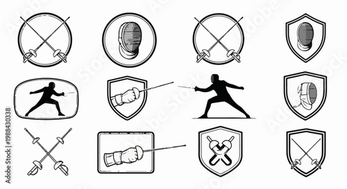 Fencing icons masks, swords, and fighters in action