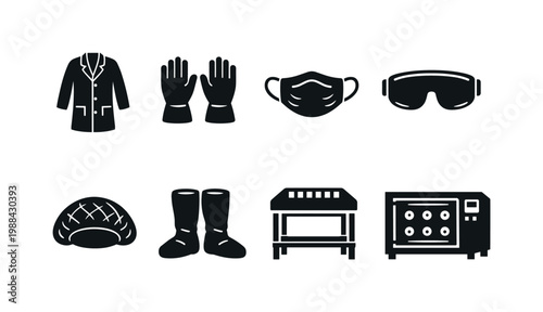 Cleanroom Equipment Illustration. Filled icon set of Cleanroom Equipment Illustration: lab coat, gloves, face
