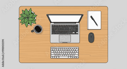 Overhead view of a wood desk with a laptop, keyboard, mouse, coffee, notebook, and plant