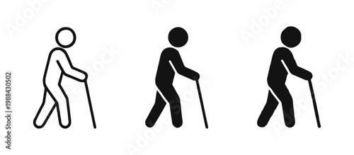 Elderly Person Walking with Cane Icons Set, Blind Man Silhouette, Disability Accessibility Symbols