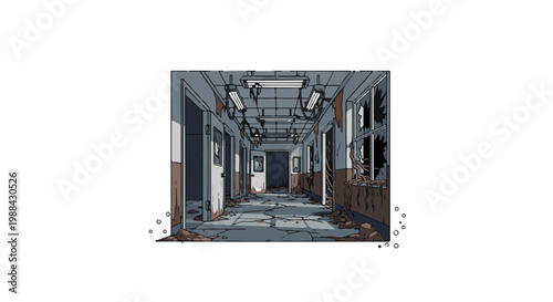 Dilapidated hallway with cracked floor, broken windows, and debris