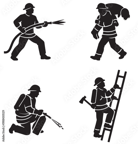 Four firefighter silhouettes showing hose rescue extinguisher and ladder with axe in black and white grid