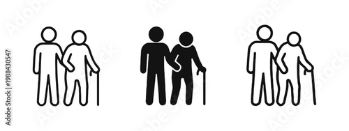 Caregiver Helping Elderly Person Icon Set, Assistance for Seniors, Disability Support Symbols