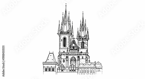 Detailed sketch of a gothic church with spires, ornate facades, and adjacent buildings
