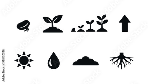 Plant Growth Symbols. Filled icon set of Plant Growth Symbols: seed sprout, leaf plant, growth stages, arrow