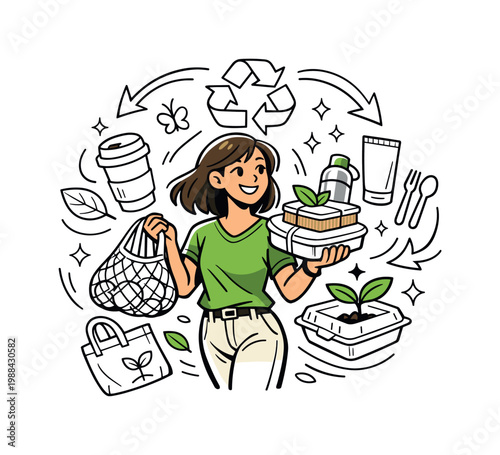 Biodegradable and eco-friendly products. Person holding reusable and biodegradable items like bags, containers