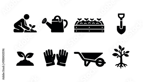 Urban Garden Helpers. Filled icon set of Urban Garden Helpers: people gardening, watering can, raised bed,