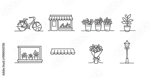 Vintage Bicycle Display. VINTAGE BICYCLE IN FRONT OF FLOWER SHOP. Minimalistic set one-line drawing vintage