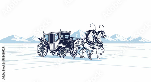 Horse-drawn carriage traverses icy plains with distant mountains