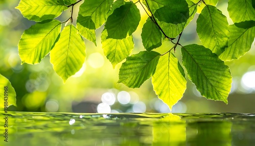 A serene natural scene with sunlight filtering through vibrant green leaves