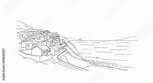 Sketch of a coastal village nestled on a hillside overlooking the sea
