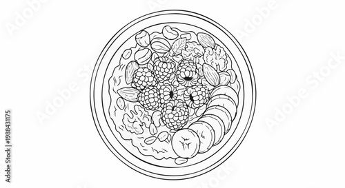 A top-down view of a circular bowl filled with a breakfast meal