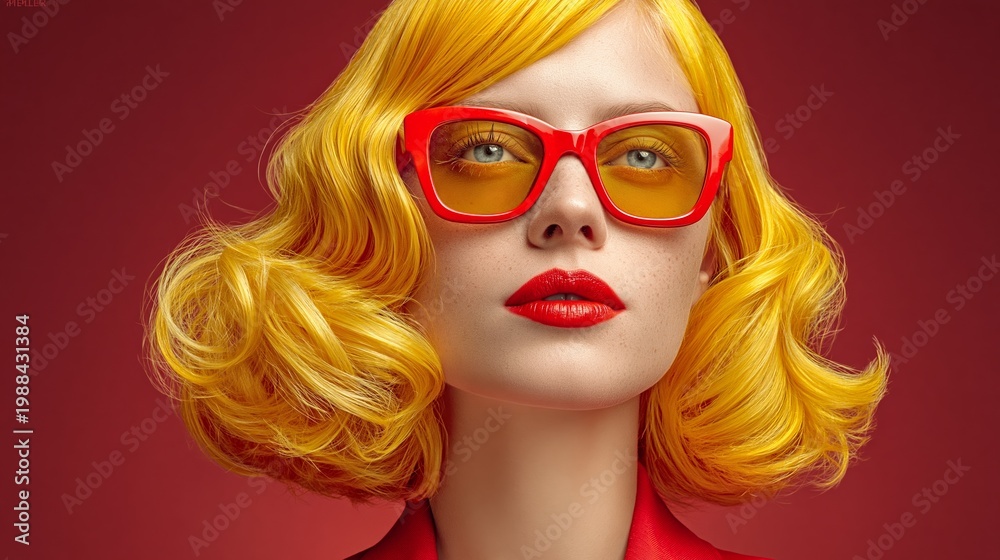 Fototapeta premium Bold yellow curls frame a confident gaze. Red sunglasses reflect a vibrant, playful energy. Lips painted red echo the bold color scheme. Studio lighting highlights every detail with rich saturation