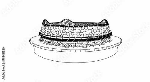 Stylized architectural fountain with textured stone basin on a pedestal base