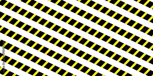 Warning tape with yellow and black diagonal stripes. Warn stop seamless line. Vector illustration on white background. Safety stripe warning caution hazard danger road vector sign symbol. EPS file 99.