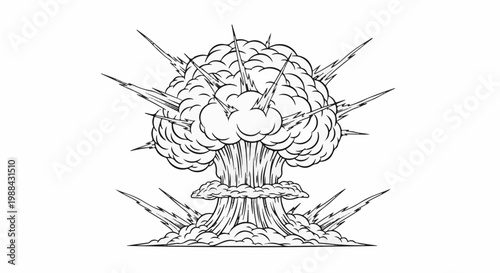 Stylized black and white drawing of a mushroom cloud explosion with radiating bursts