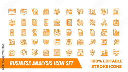 A set of business analysis icons in a modern flat design style