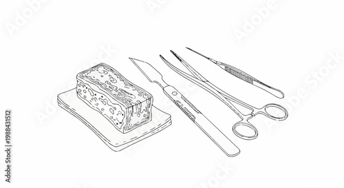 A medical illustration of surgical instruments and a layered specimen