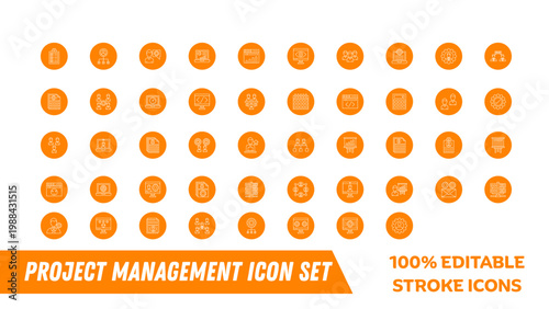 A set of editable project management icons in orange and white