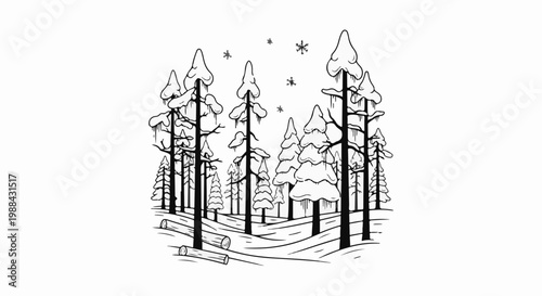 Stylized drawing of snow-covered pine trees with falling snowflakes and logs
