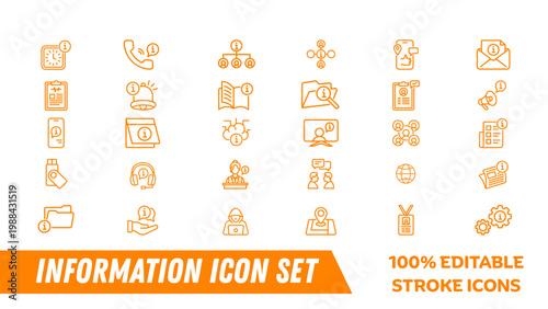 A set of editable stroke icons representing various information symbols