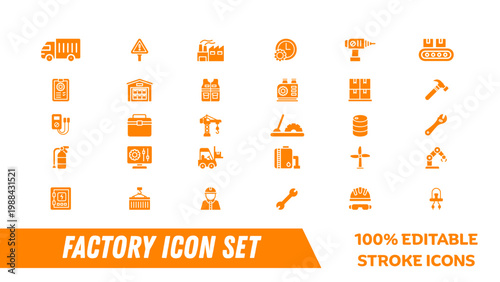 A set of orange factory icons on a white background