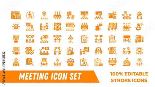 A set of editable stroke icons depicting various meeting and business concepts