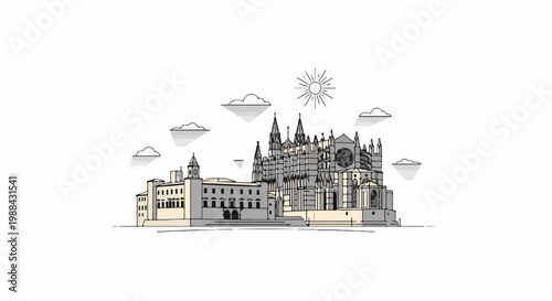 Stylized line drawing of grand cathedral with attached administrative building, sunny sky