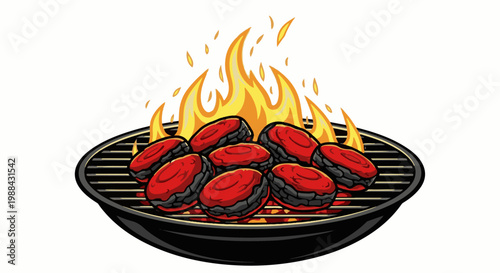 Red meat patties grilling over flames on a black barbecue grate