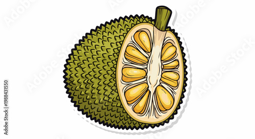 A whole and halved jackfruit with a textured green rind and yellow segmented interior