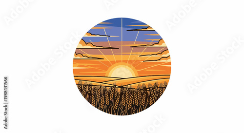 Sunrise over golden wheat fields and undulating hills under a vibrant sky