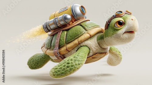 Cute turtle wears goggles and jetpack. Jetpack emits bright flame as turtle flies. Soft textures and gentle expression add charm. Ideal for whimsical or adventurous themes