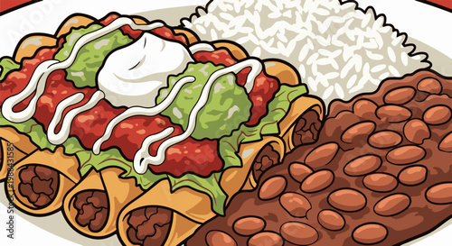 A plate of enchiladas with rice and beans, topped with sour cream and salsa