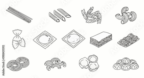 Assorted raw pasta shapes in a monochromatic line art style