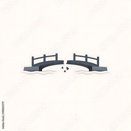 Broken bridge over water symbolizing a divided connection or destroyed link no passage two halves lack of connection disconnect separation destroyed obstacle challenge metaphor