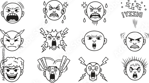 Collection of fifteen cartoon face expression icons showing various emotion like happy, surprised, silly, and goofy