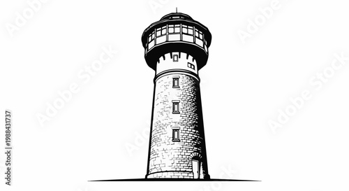 Tall, stone tower with arched doorway and glass-enclosed observation deck