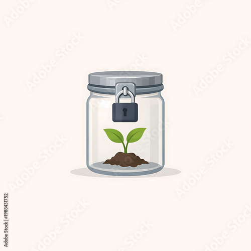 Small plant growing in a locked glass jar concept of restricted growth or protection restricted confinement seedling conservation security enclosed contained metaphor abstract