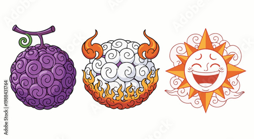 Three cartoon fruits, one purple, one white cloud, one sun