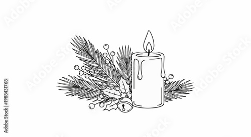 A lit candle with pine sprigs, berries, holly, and a small bell
