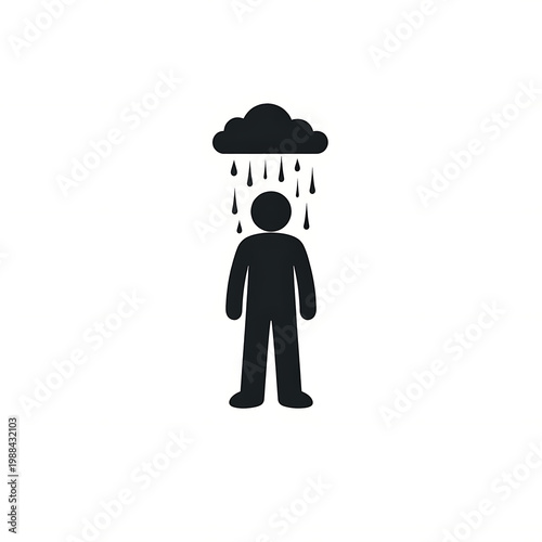 Silhouette of a person standing under a rain cloud with black and white bad day silhouette melancholy depression unhappiness bad mood isolated illustration minimalist downpour overcast