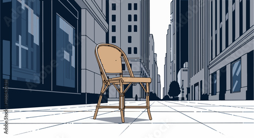 A lone wicker chair sits on a city sidewalk with tall buildings