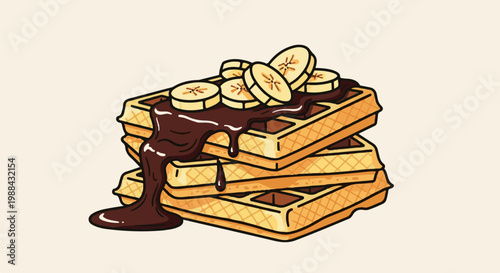 Stack of waffles topped with chocolate syrup and banana slices