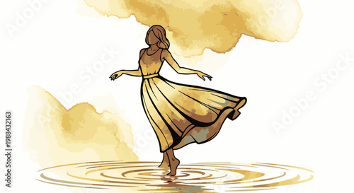 A figure in a flowing gown stands on rippling water under clouds