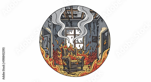 A dark room engulfed in flames with a burning armchair