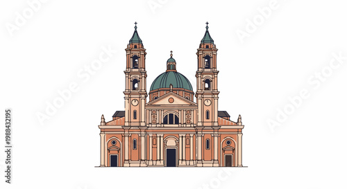 A grand domed cathedral with twin bell towers and ornate facade